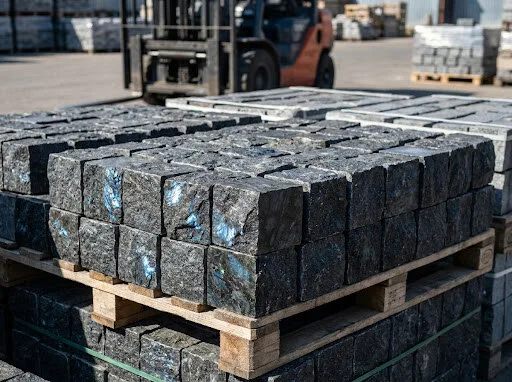 Гранітна Бруківка Лабрадорит Термооброблена (Катеринівка) розмір 200 x 100 x 30 мм — фото кар'єру та складу